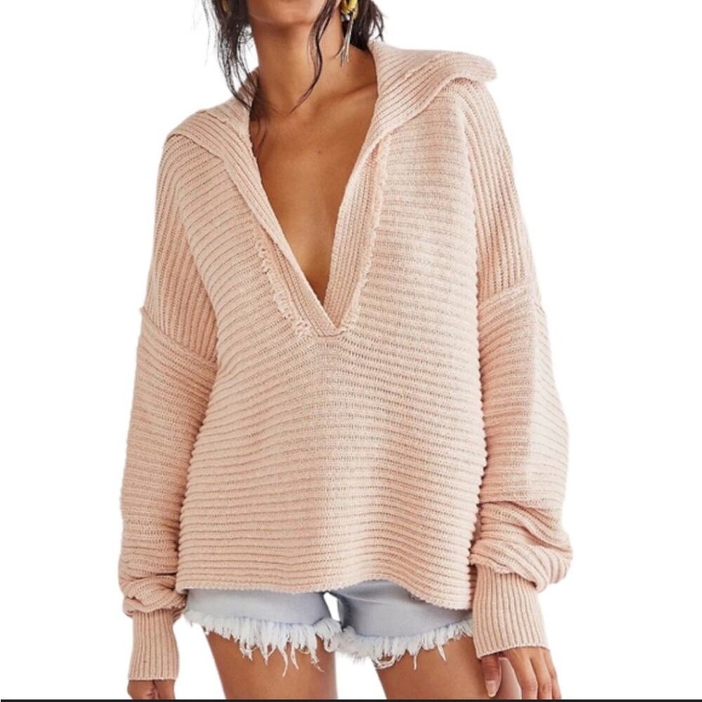 Free People Chunky Knit Collared Sweater Blush Pink Boho Slouchy - XS